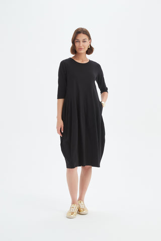 Elbow Length Sleeve Diagonal Seam Dress - Black