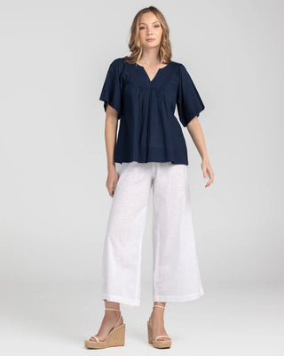 Boom Shankar Freya Top Navy, Styled with white pants | AAAG
