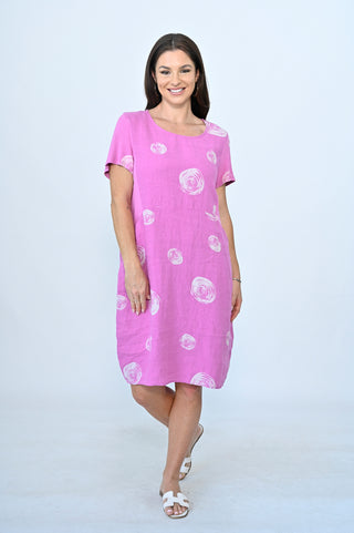 Linen Dress - Circle Print Hot Pink