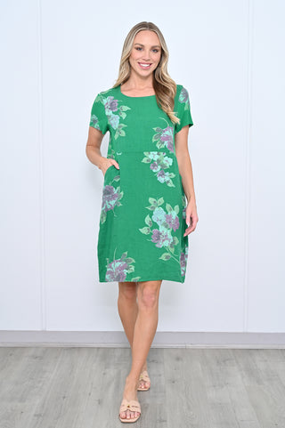 Linen Dress - Big Floral Green