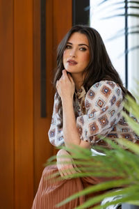 Seeking Lola Nina Top Chocolate Blue Daisies, Detail view | AAAG