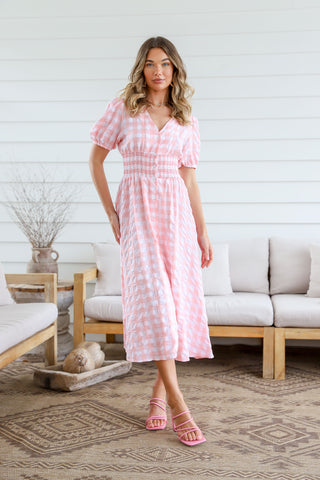 Shirred Button Through Check Midi Dress - Blush