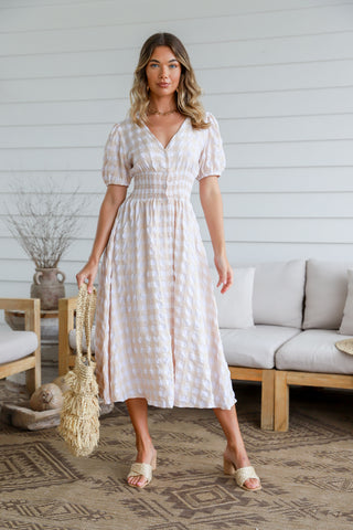 Shirred Button Through Check Midi Dress - Latte