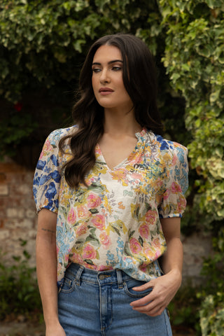 Seeking Lola Gardenia Top Floral Multi, Styled front view | AAAG