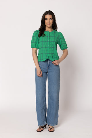 Seeking Lola Demure Blouse Kelly Green, Side angle | AAAG