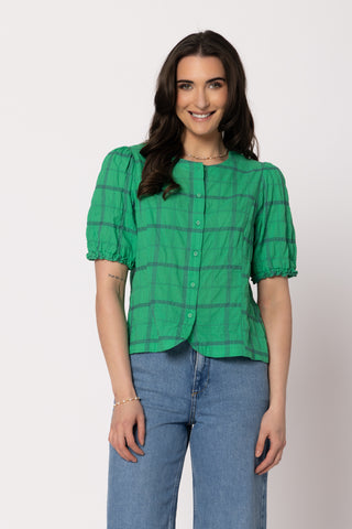 Seeking Lola Demure Blouse Kelly Green, Front view | AAAG