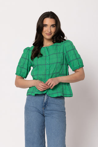 Seeking Lola Demure Blouse Kelly Green, Back view | AAAG