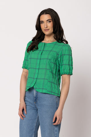 Seeking Lola Demure Blouse Kelly Green, Detail | AAAG