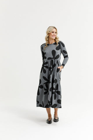 Long Sleeve Kaitlin Dress - Graphite Daisies