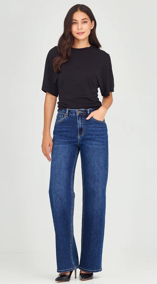 Junkfood Maddie Short Stuff Jeans Dark Blue, Full length front view | AAAG