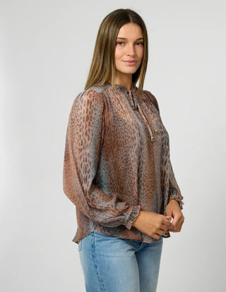 Stella and Gemma Dixie Blouse in Spring Leopard print worn on model, full front view styled with pants