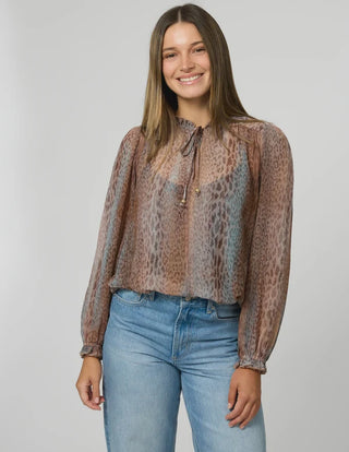 Stella and Gemma Dixie Blouse in Spring Leopard print worn on model, back view