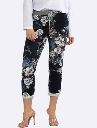 Beau Denver Floral Pants Navy, Waist and drawstring detail | AAAG