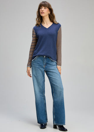 Varied Stripe Vee Neck Knit - Denim