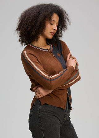 Stripe Spot Zip Up Cardigan - Coffee