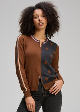 Stripe Spot Zip Up Cardigan - Coffee