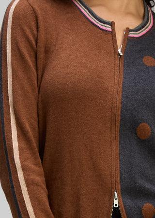 Stripe Spot Zip Up Cardigan - Coffee