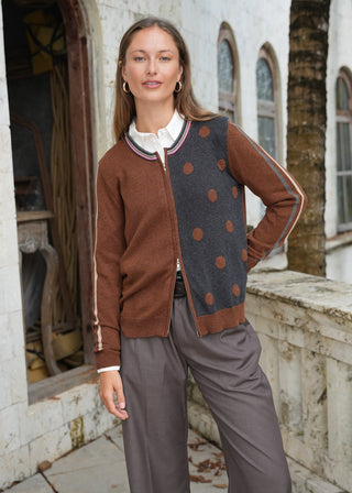 Stripe Spot Zip Up Cardigan - Coffee