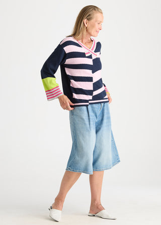 Crazy Stripe Vee Knit - Dark Denim