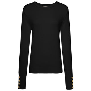 Black ribbed long sleeve knit sweater with gold button details on the cuffs