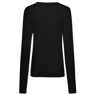 Back view of a black ribbed long sleeve knit top for women