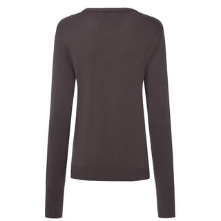 Back view of a dark grey ribbed knit long sleeve sweater