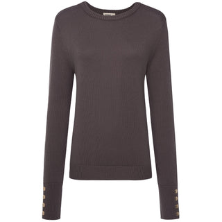 Charcoal grey knit sweater with gold button details on the cuffs