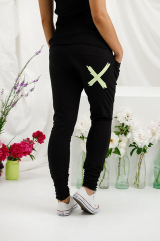 Apartment Pants - Black with Lime Cross - HL100 45 - allaboutagirl