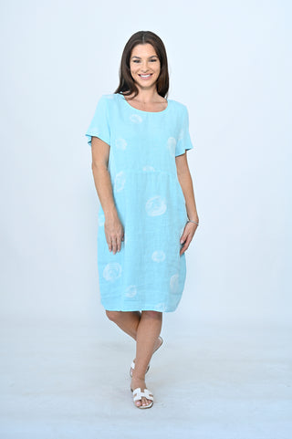 Linen Dress - Circle Print Aqua