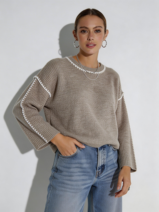 Blanket Stitch Trim Knit - Mocha