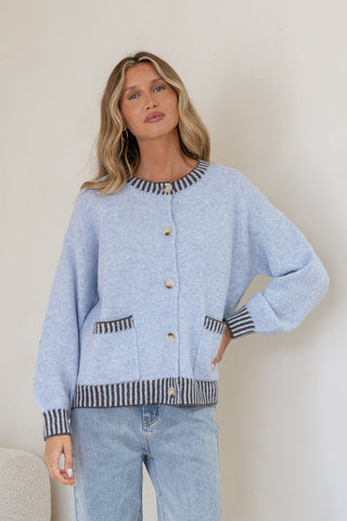 Maci Knit Cardigan - Powder Blue/Chocolate