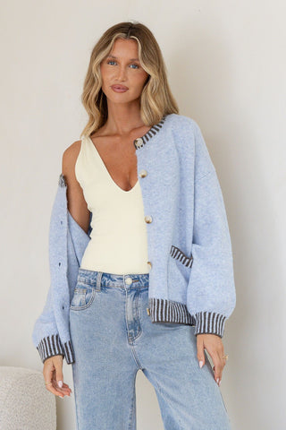 Maci Knit Cardigan - Powder Blue/Chocolate