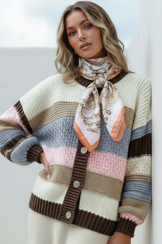 Block Stripe Cardigan - Chocolate/Pink/Blue