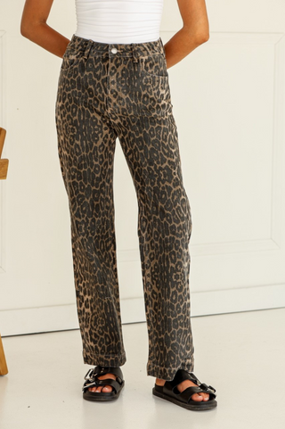 Leopard Print Straight Leg Jeans - Brown