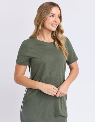 Woman wearing a casual olive green short sleeve t-shirt dress with side stripe detail.