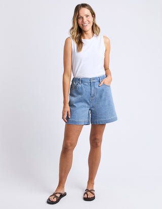 Elm Birdie Denim Shorts Light Blue Side profile showing elastic detail | AAAG