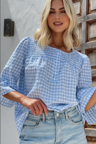 Gingham Shirred Top - Blue