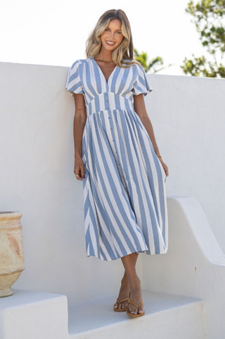 Stripe Button Front Dress - Blue/White