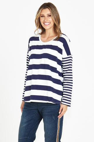 Boxy Long Sleeved Tee Shirt - Dark Blue Stripe - BB2029 - allaboutagirl