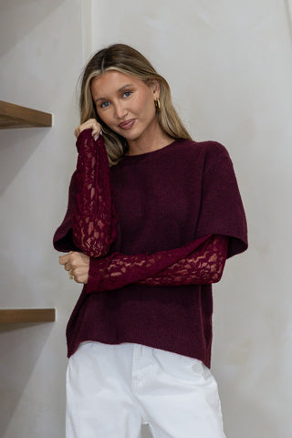 Brooklyn Lace Sleeve Layer Knit - Wine - b1236 - All About A Girl