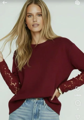 Brooklyn Lace Sleeve Layer Knit - Wine 2ND DROP