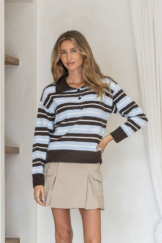 Button Collar Knit - Chocolate Blue Stripe - b1231 - All About A Girl
