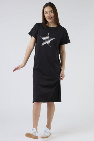 Maxie Tee Shirt Dress - Black With Black And White Stripe Star