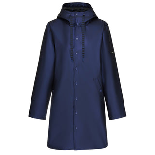 Navy blue hooded waterproof raincoat with button front closure