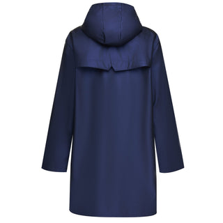 Navy blue hooded raincoat with a protective storm flap back view.