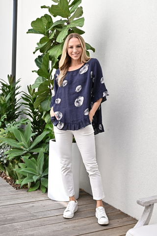 Frill Hem Top - Navy Circle