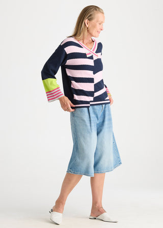 Crazy Stripe Vee Knit - Dark Denim - ZP8823 DARK DENIM - All About A Girl
