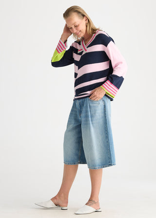 Crazy Stripe Vee Knit - Dark Denim - ZP8823 DARK DENIM - All About A Girl