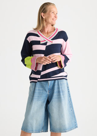 Crazy Stripe Vee Knit - Dark Denim - ZP8823 DARK DENIM - All About A Girl