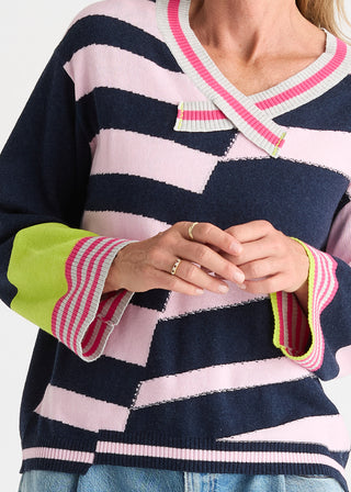 Crazy Stripe Vee Knit - Dark Denim - ZP8823 DARK DENIM - All About A Girl